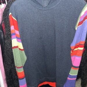 Neiman Marcus Navy Crewneck Sweater with Multicolor Striped Sleeves